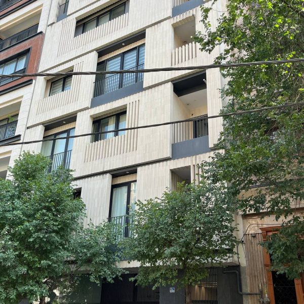 نمای اصلی یک پروژه ساختمانی با پوششی ترکیبی از از سنگ گرانیت نطنز مشکی و آجر سفید