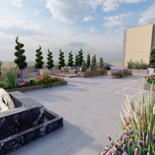 استفاده از سنگ آندزیت اسپراخان و گرانیت سیاه نطنز با فرآوری بوش‌همر در روف گاردن